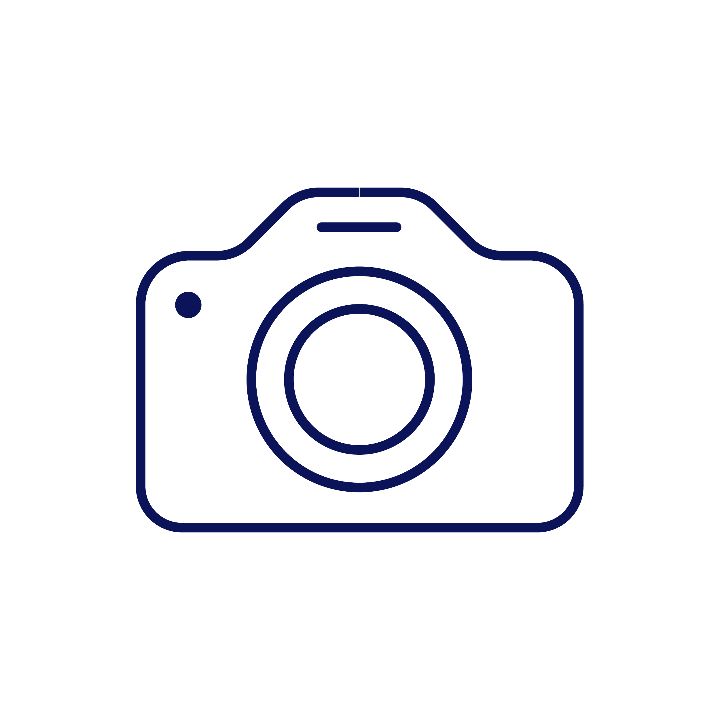 Outline of a camera with a large lens in the center on a black background.