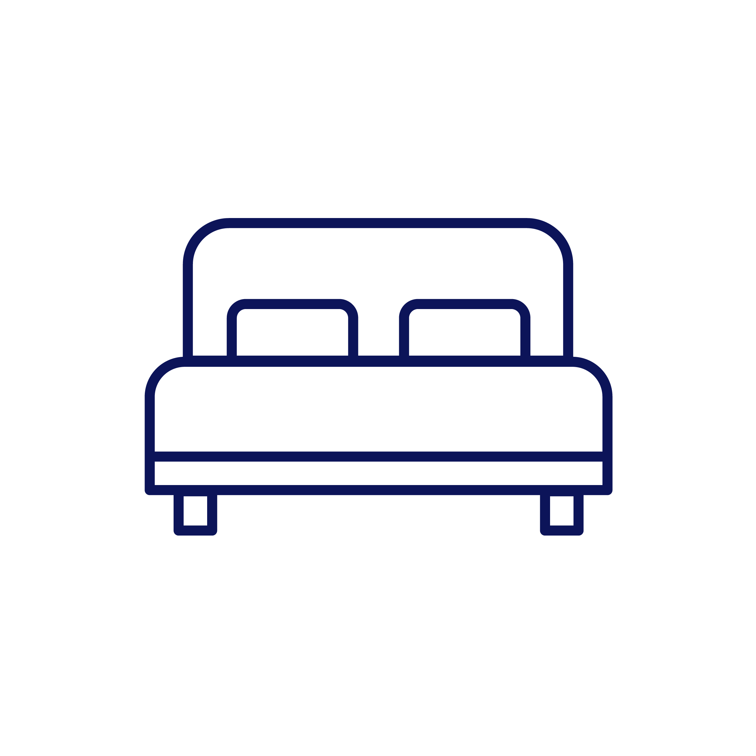 Minimalist navy blue line icon of a bed with two pillows on a white background.