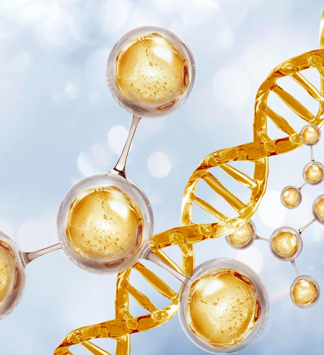 Close-up illustration of a golden DNA double helix intertwined with molecular structures against a light blue background.