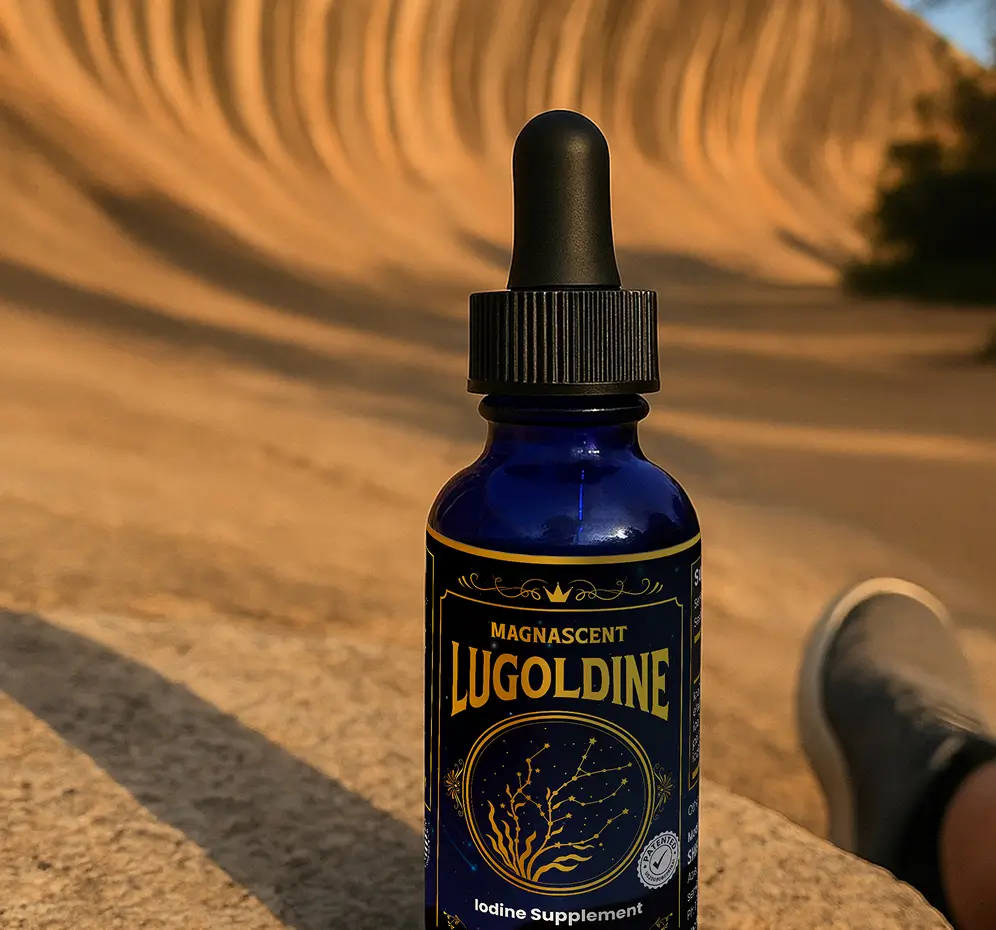 Blue glass bottle of Magnascent Lugoldine iodine supplement with dropper cap on sandy ground with a shoe-clad foot in the background.