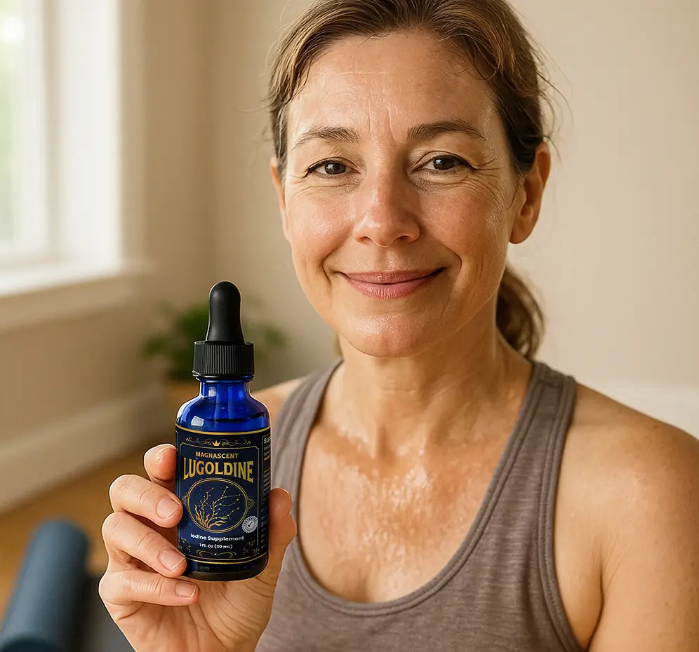 Smiling woman in a tank top holding a blue bottle of Lugoldine iodine supplement.