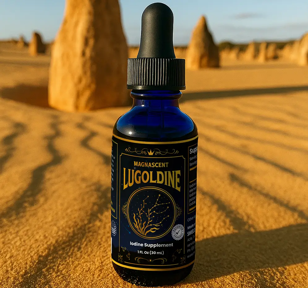 Blue bottle of Magnascent Lugoldine iodine supplement on sandy desert ground with large rock formations in the background.