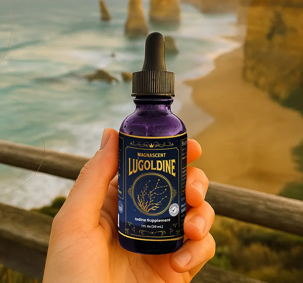Hand holding a purple bottle of Magnascent Lugoldine iodine supplement with a scenic ocean and rock formations in the background.