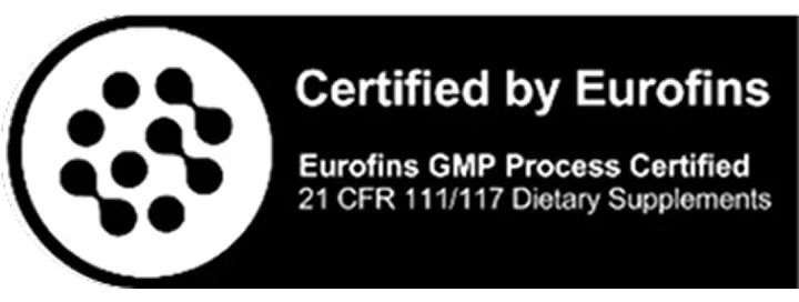 Certification badge stating 'Certified by Eurofins' with text 'Eurofins GMP Process Certified, 21 CFR 111/117 Dietary Supplements' and a circular logo with dots connected by lines.