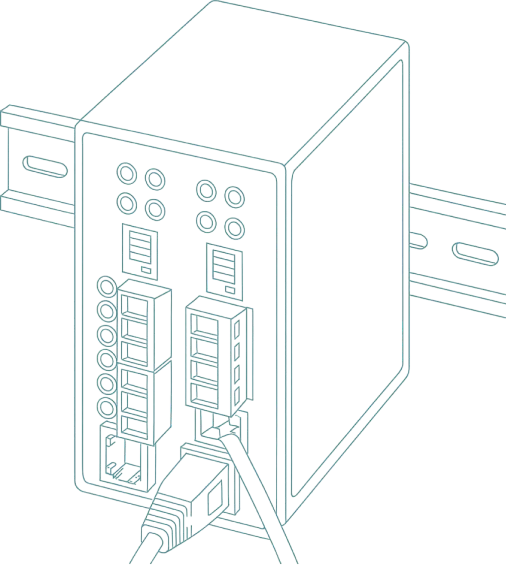Skizze eines industriellen Ethernet-Switches, montiert auf einer Hutschiene mit angeschlossenen Netzwerkkabeln.