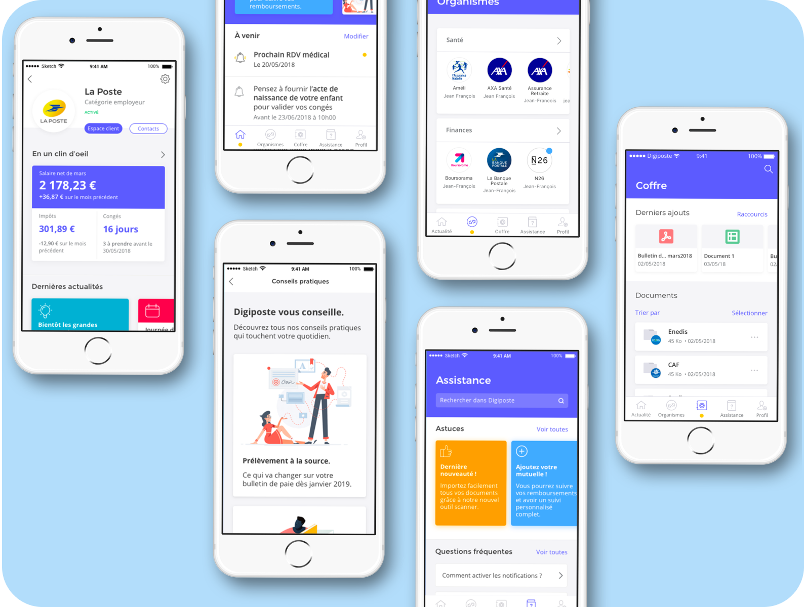 Six iphones displaying the different apps of the app.