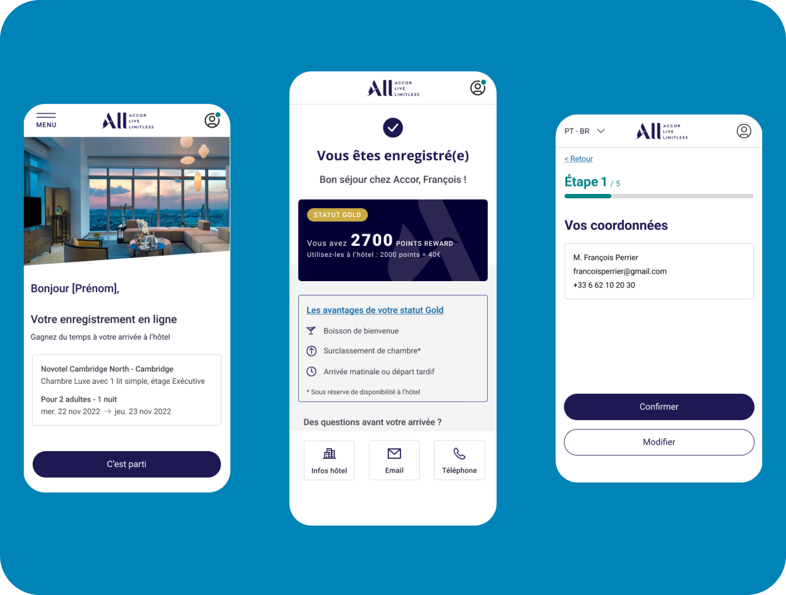 Three smartphones displaying a hotel application.