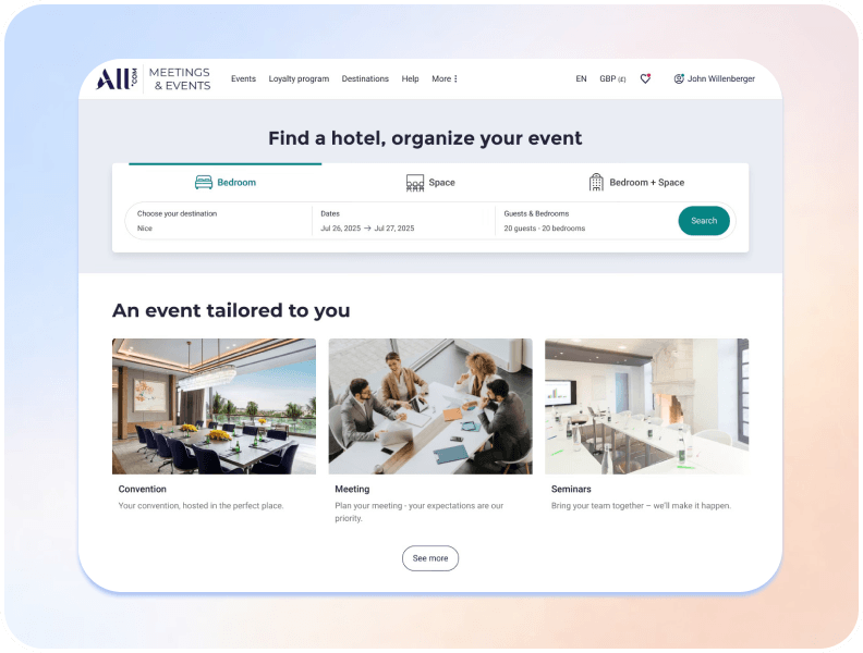 Website interface for finding hotels and organizing events with options for bedroom, space, or both; includes sections for convention, meeting, and seminar services with related images.
