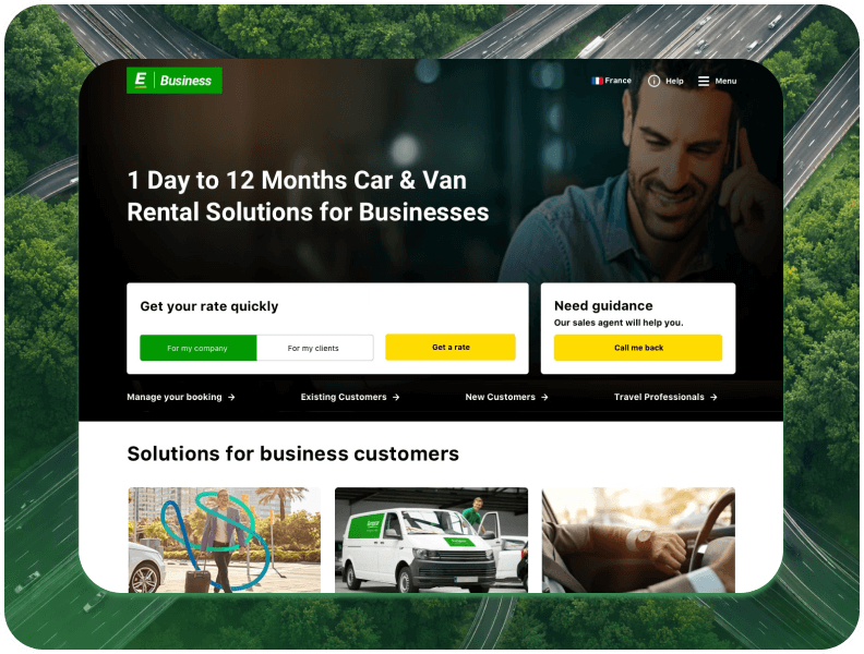Website homepage offering 1 day to 12 months car and van rental solutions for businesses with options to get a rate or request a call back.