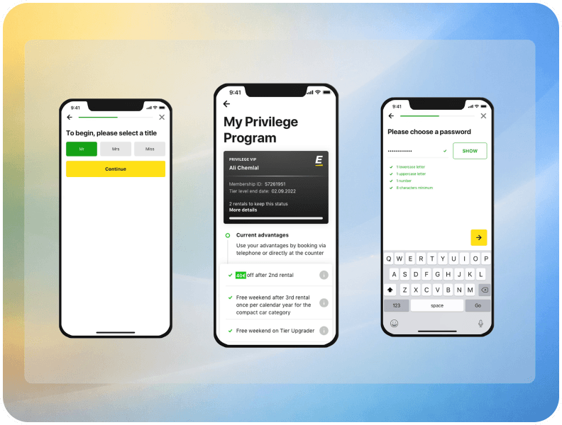 Three phone screens showing a car rental app: selecting a title with Mr, Mrs, Miss options, a privilege program membership card with benefits, and a password creation screen with criteria and a keyboard.