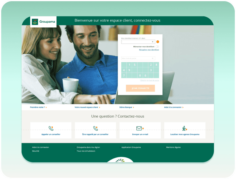 Groupama login page showing a man and woman smiling, login form with numeric keypad, and contact options including call, callback, email, and agency locator.