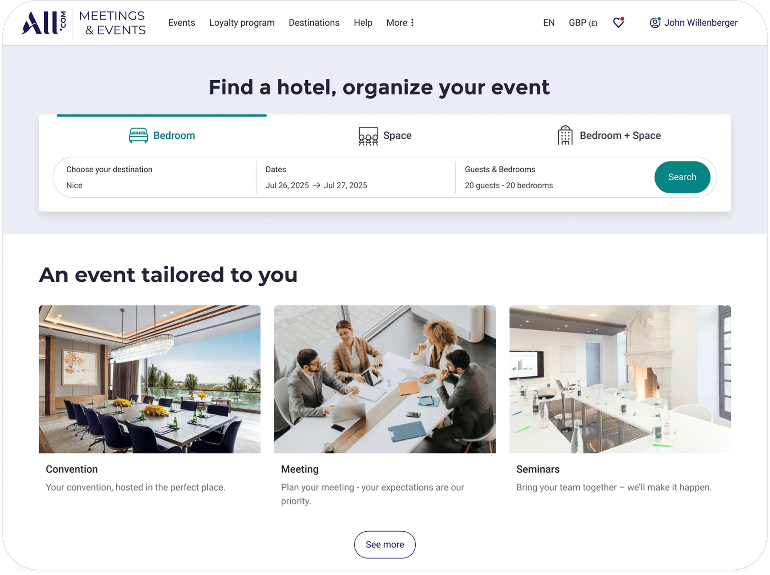 Website interface for booking hotels and event spaces featuring sections for Convention, Meeting, and Seminars with corresponding images.