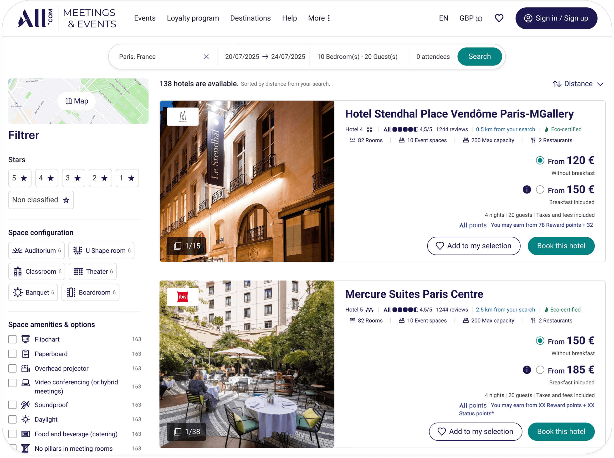 Webpage listing two Paris hotels for large groups: Hotel Stendhal Place Vendôme with a nighttime façade photo and Mercure Suites Paris Centre with an outdoor garden dining area photo, showing prices, ratings, and booking options.