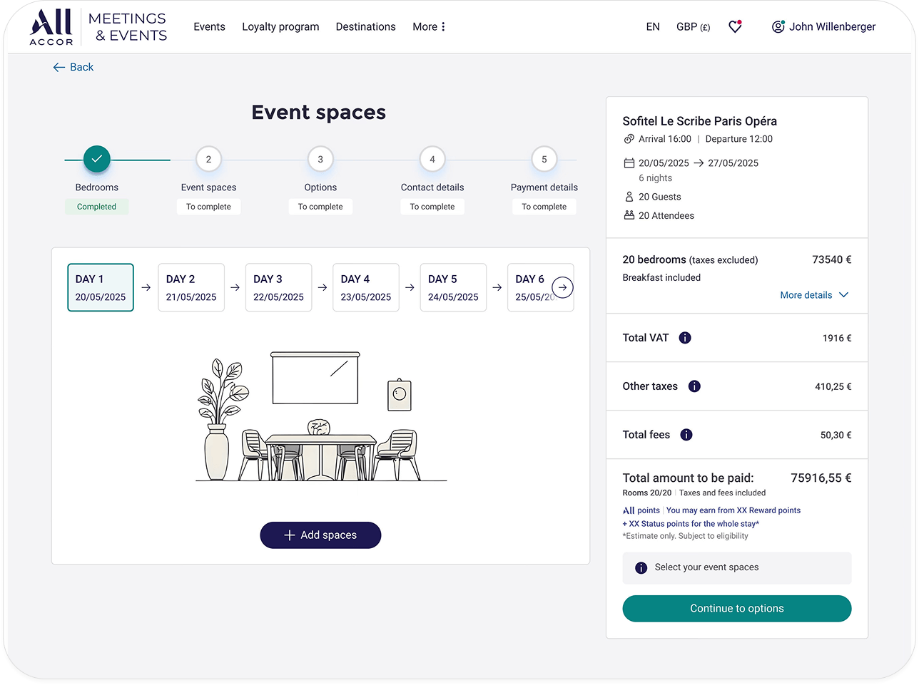 Event spaces booking interface for Sofitel Le Scribe Paris Opéra showing progress steps, selected day 1 (20/05/2025), conference room illustration, and pricing details for 20 bedrooms and guests.
