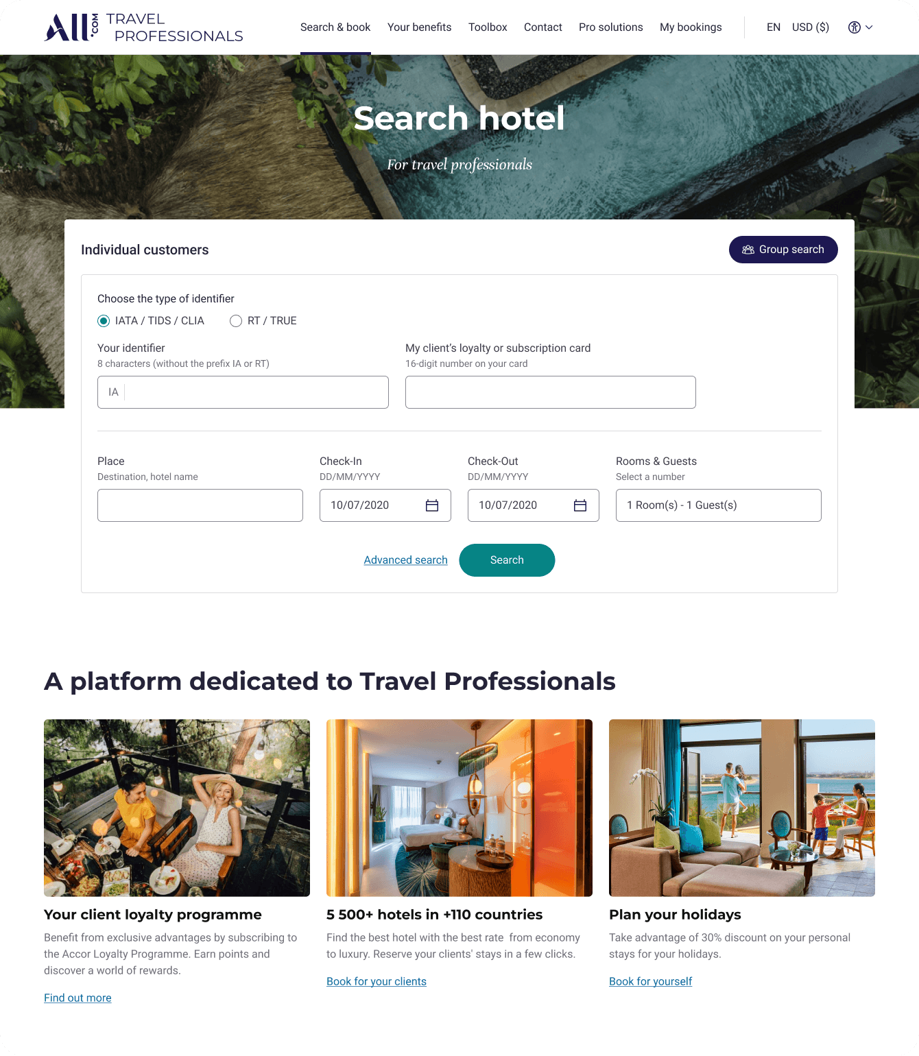 All.com Travel Professionals search hotel webpage with individual customer search form and features promoting loyalty program, 5500+ hotels in 110 countries, and holiday planning discounts.