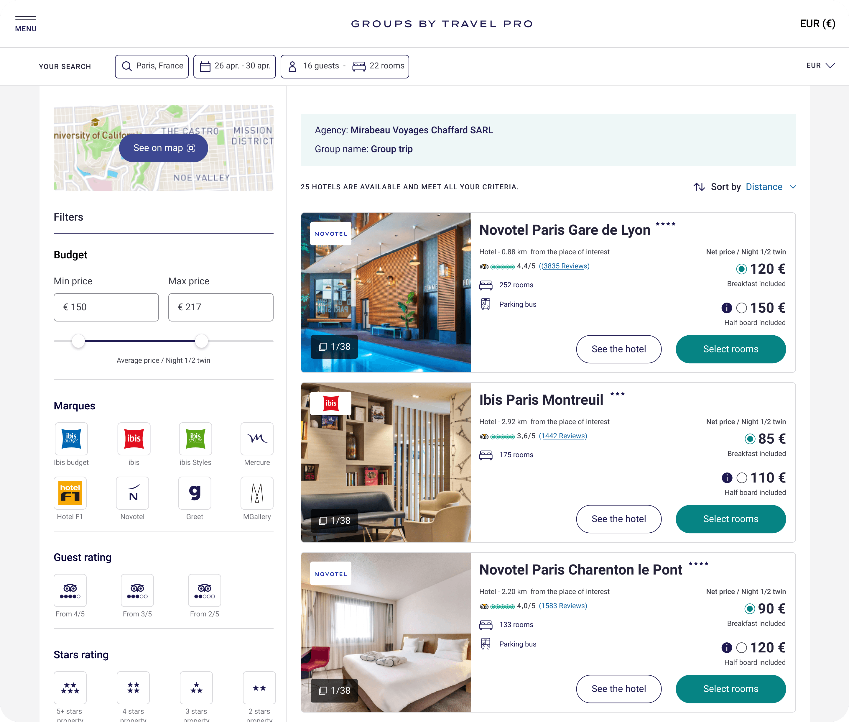 Hotel search page showing filters for budget, brands, guest and star ratings on the left, and a list of three hotels in Paris with images, ratings, distance, room info, prices, and options to see the hotel or select rooms on the right.