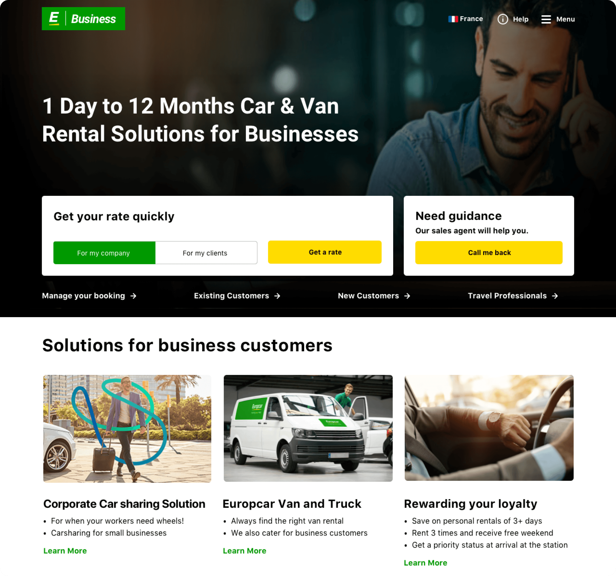 Business car and van rental webpage with options for company or client rates, callback for guidance, and business customer solutions including car sharing, van and truck rentals, and loyalty rewards.
