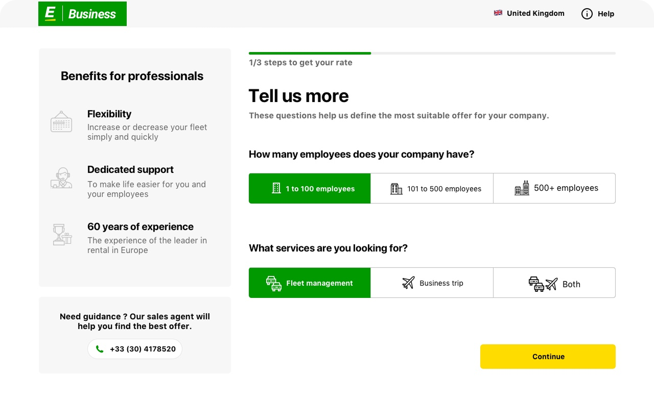 E Business webpage asking about company size with options for number of employees and services needed, showing benefits like flexibility, dedicated support, and 60 years of experience, and a phone contact for sales assistance.