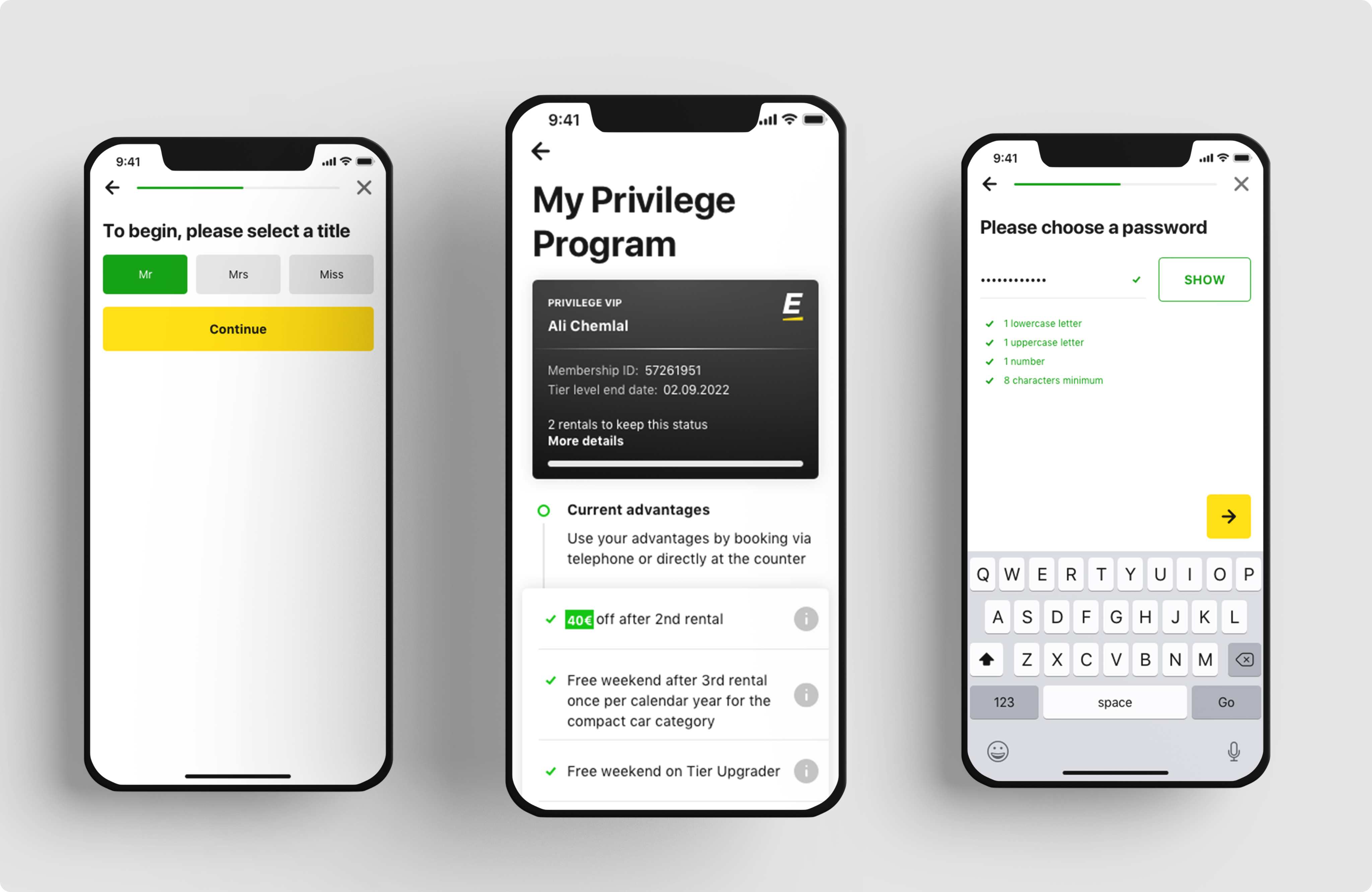 Three smartphone screens showing app interfaces: left screen prompts selection of a title with options Mr, Mrs, Miss; center screen displays a user privilege program with membership details and current advantages; right screen is a password creation form with requirements and a keyboard.