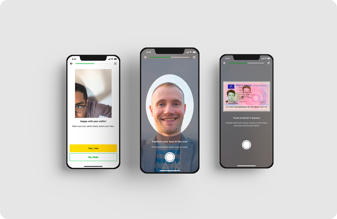 Three smartphones showing an identity verification app with selfie capture, selfie confirmation, and driver's license photo capture screens.