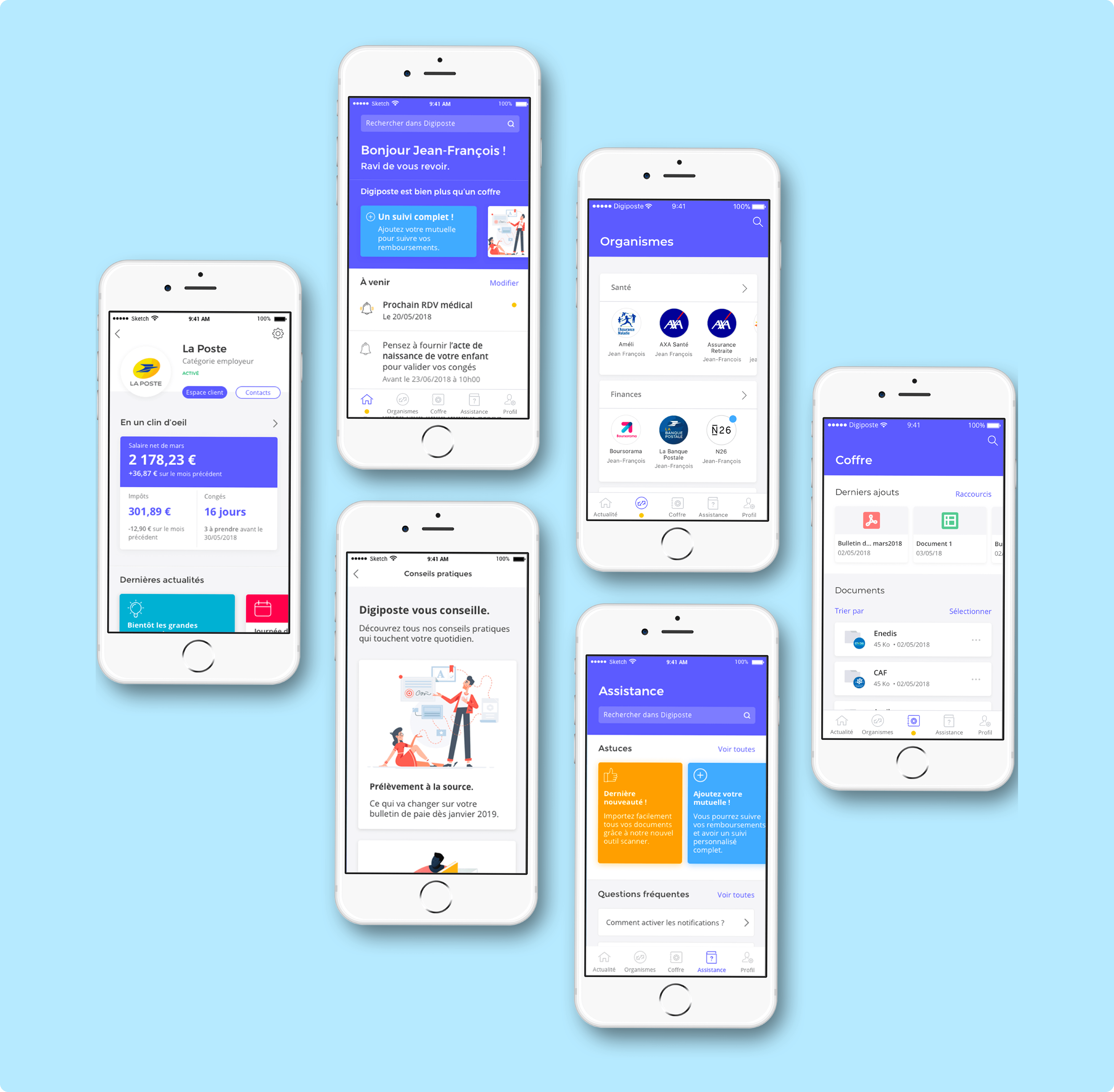 Five mobile screens displaying a French financial app interface with greeting, medical appointment, practical advice, documents management, and assistance tips.