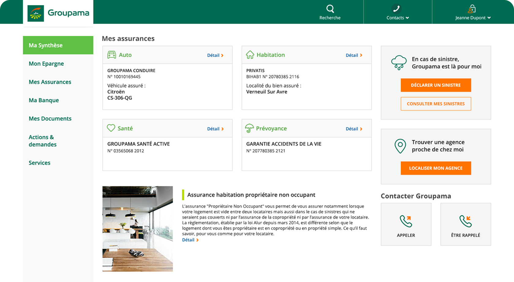 Groupama insurance dashboard showing sections for Auto, Habitation, Health, and Life Insurance with policy details, and options to declare a claim or find a nearby agency.