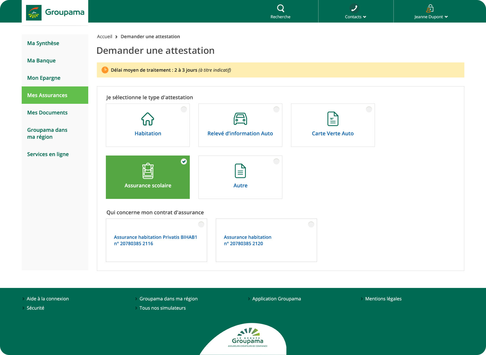 Groupama insurance webpage showing options to request certificates including habitation, auto information, auto green card, school insurance selected, and others, with insurance contract choices below.
