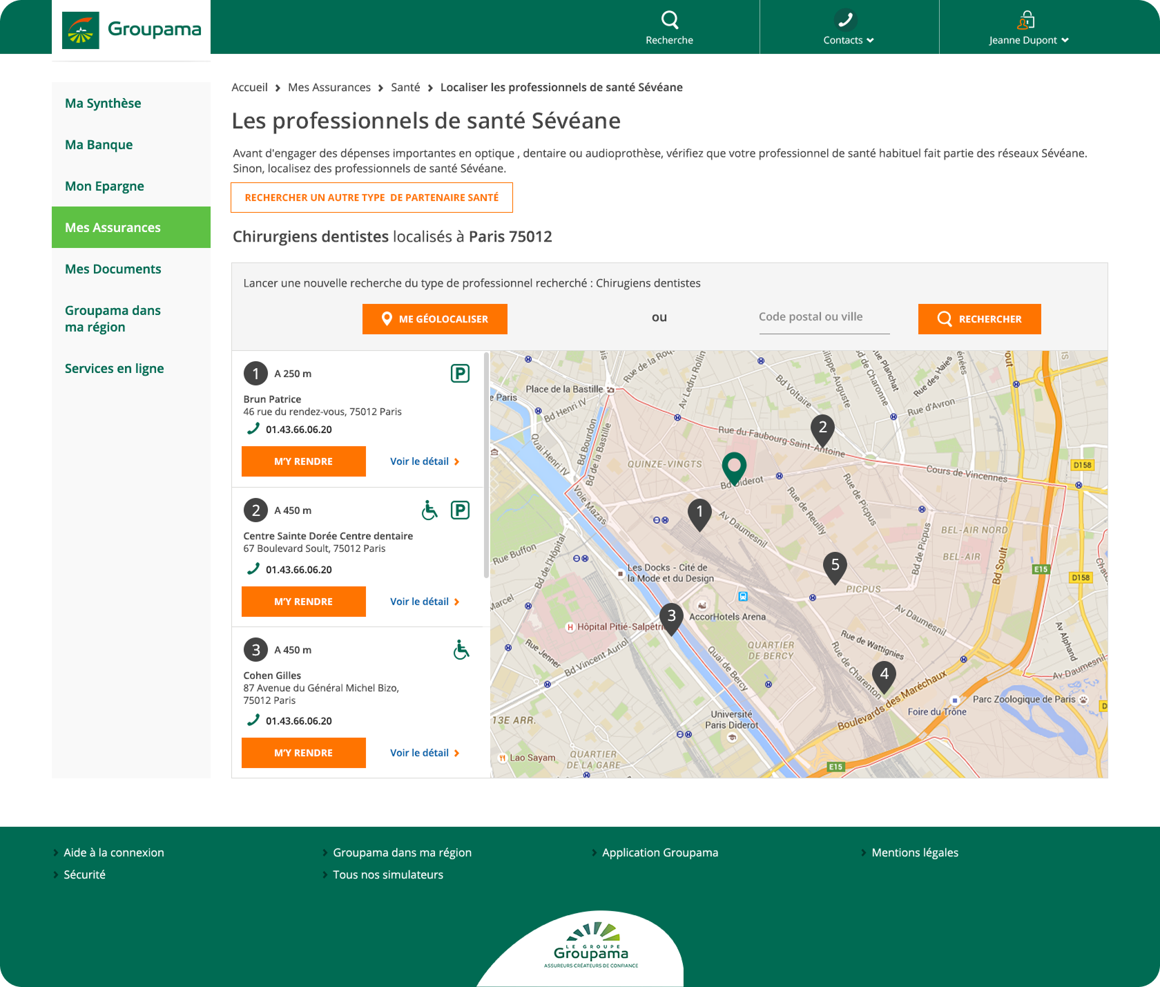 Groupama insurance webpage showing a map of Paris 75012 with locations and details of three dental surgeons including names, addresses, phone numbers, and accessibility icons.
