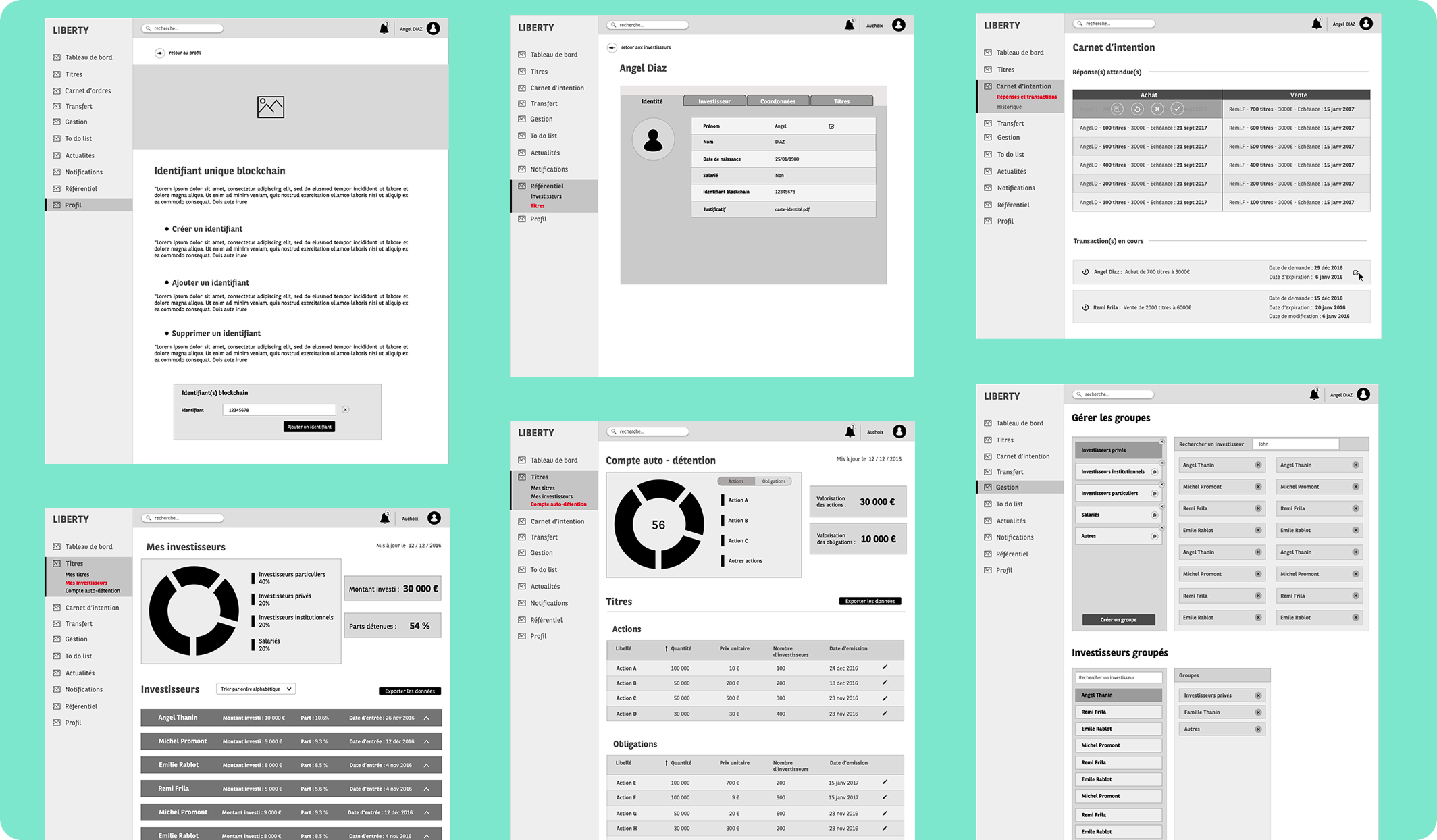 User interface wireframes showing a blockchain ID profile, investor details, transaction intentions, investor portfolio with charts, and group management sections on a financial platform named Liberty.