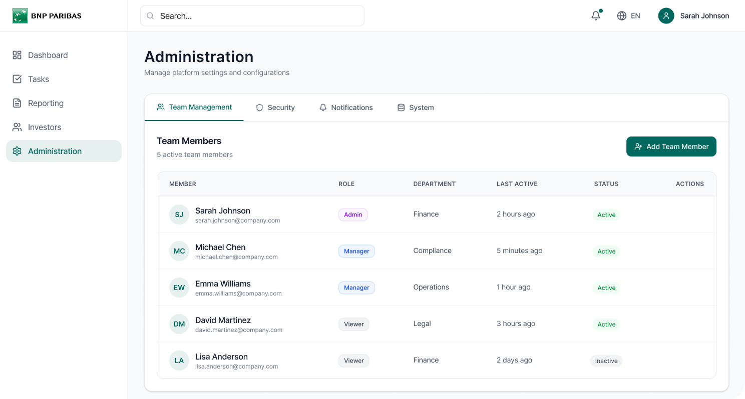 Administration page listing five team members with their roles, departments, last active times, and statuses, in a BNP Paribas platform interface.