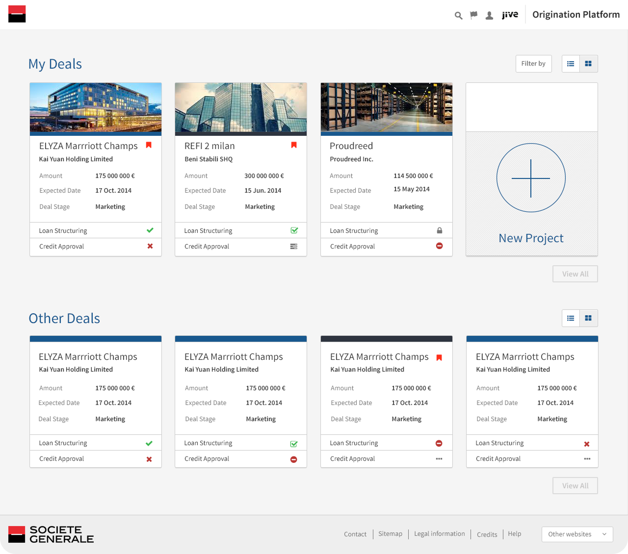 Dashboard screen showing deal projects with details like amount, expected date, deal stage, loan structuring, and credit approval status, including a new project button.