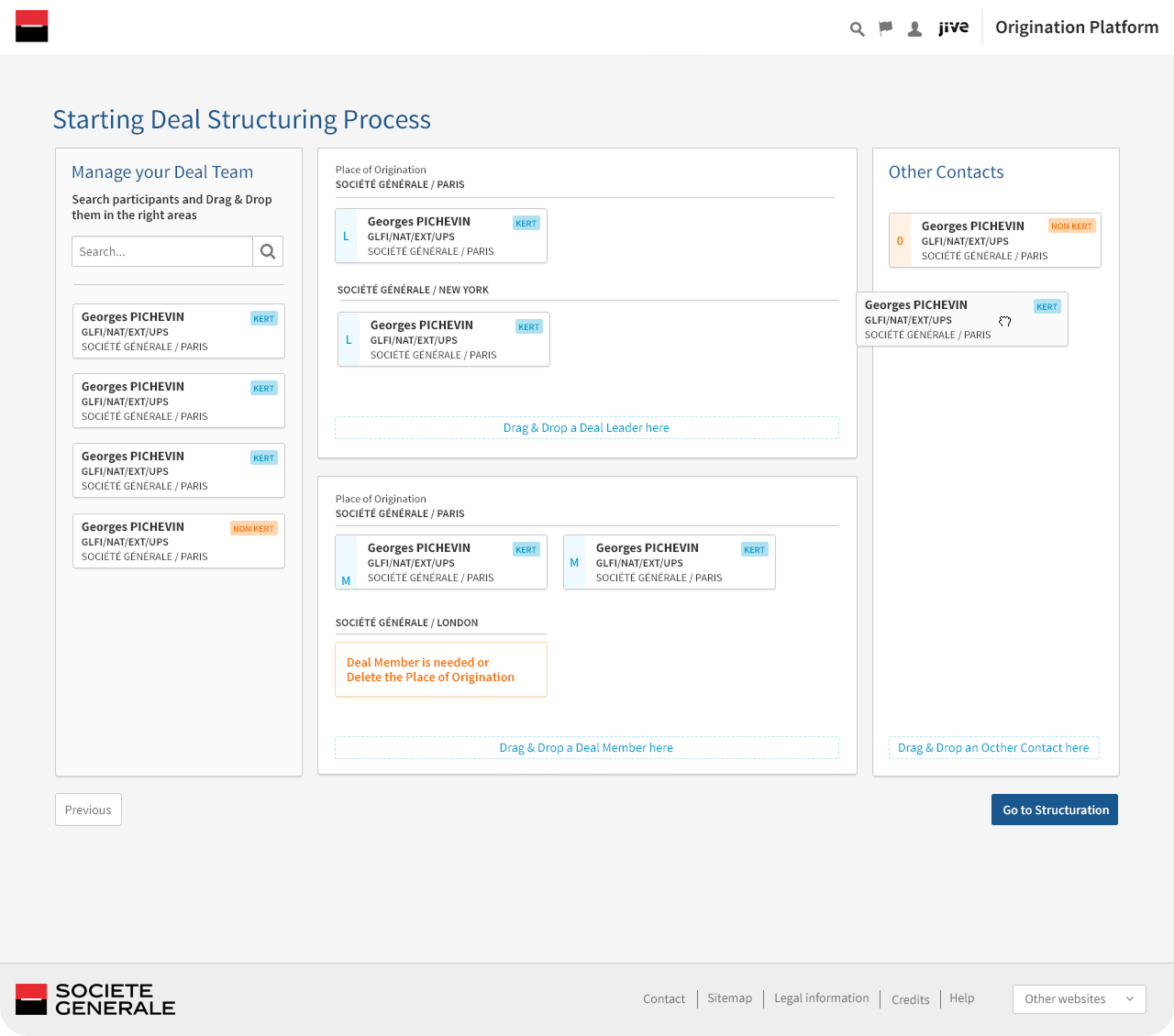 User interface of Société Générale's deal structuring platform showing sections to manage deal team members by dragging and dropping participant cards labeled with names, roles, and locations.