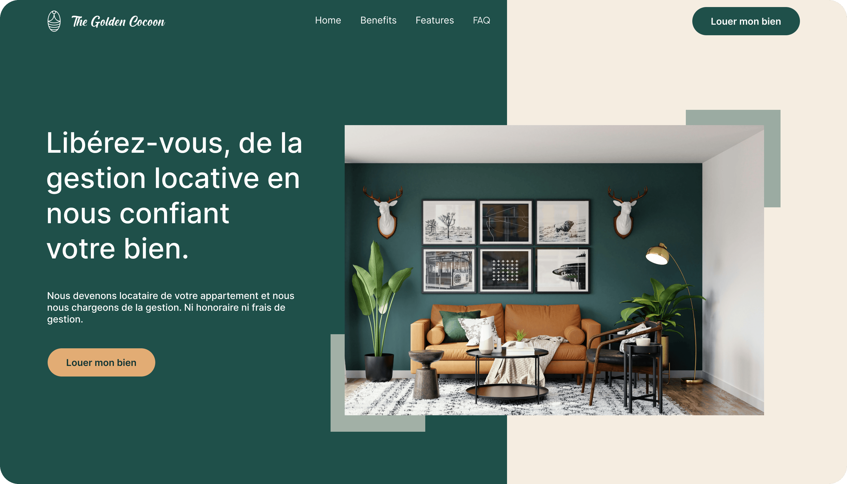 Modern living room with a tan sofa, green accent wall with framed pictures, plants, and decorative deer head mounts.