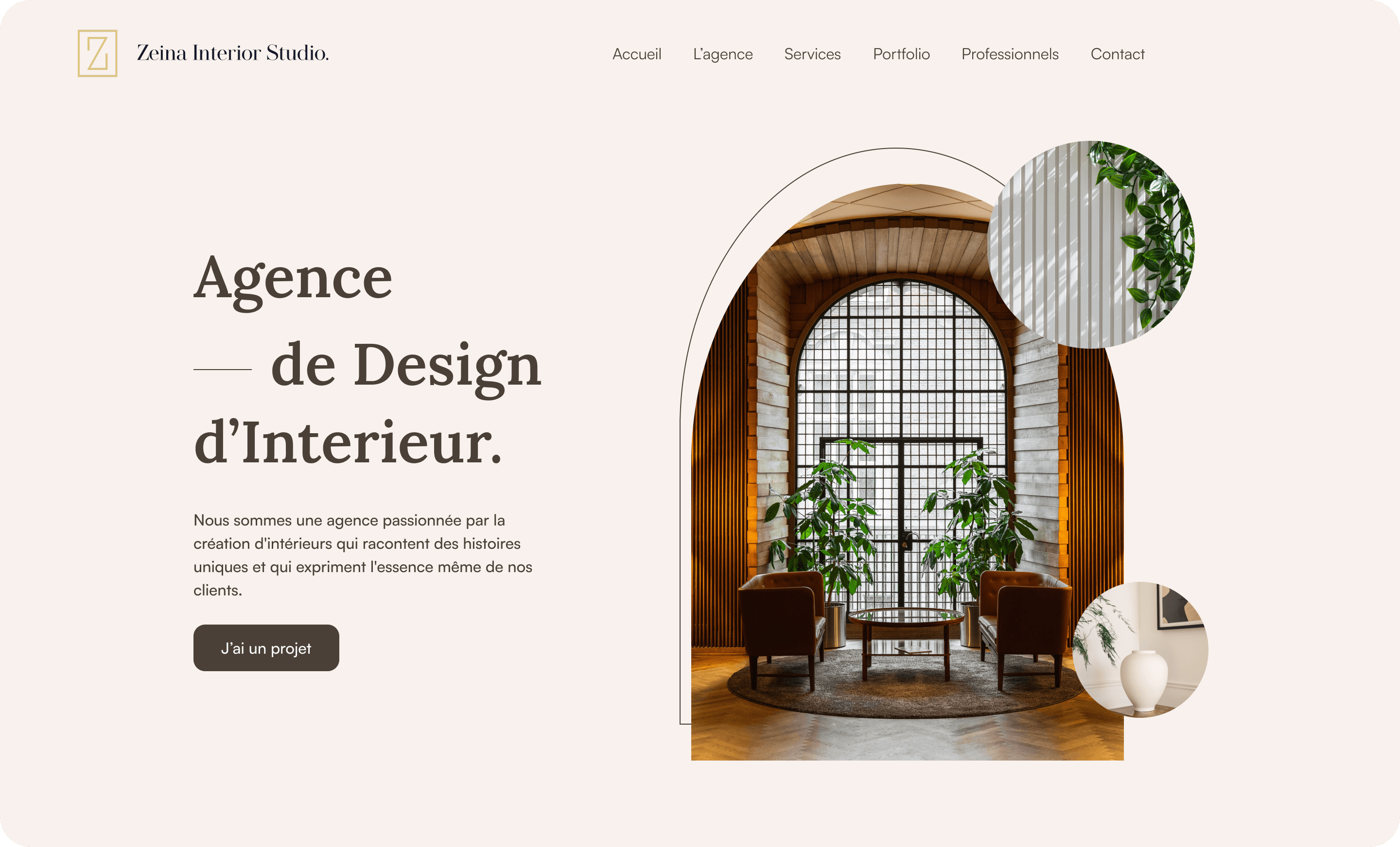 Interior design studio homepage showing a modern seating area with leather chairs, wooden table, large arched window, and green plants.