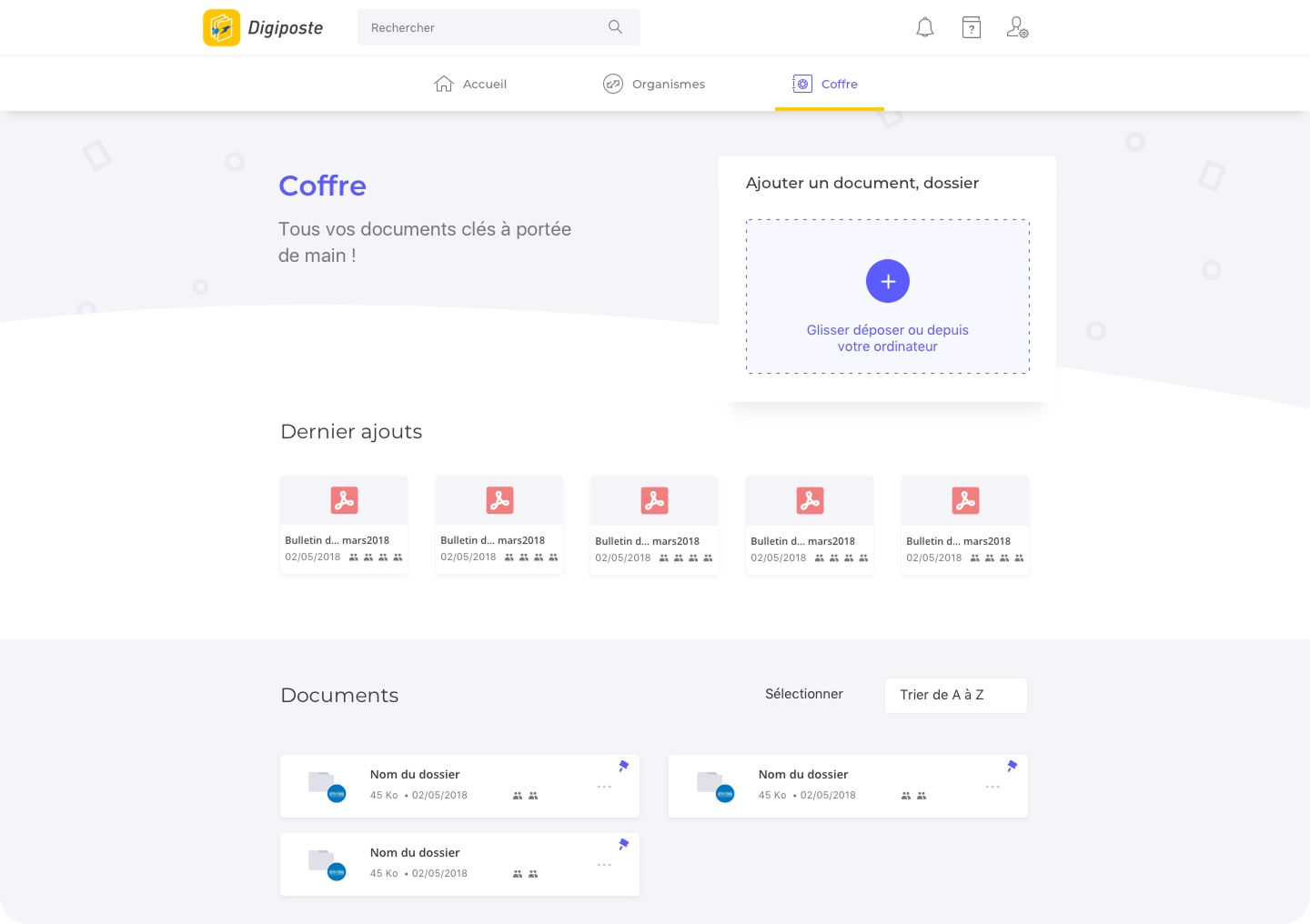 Digiposte document storage interface with options to add files by drag and drop, recent PDF uploads, and folders listed with details.