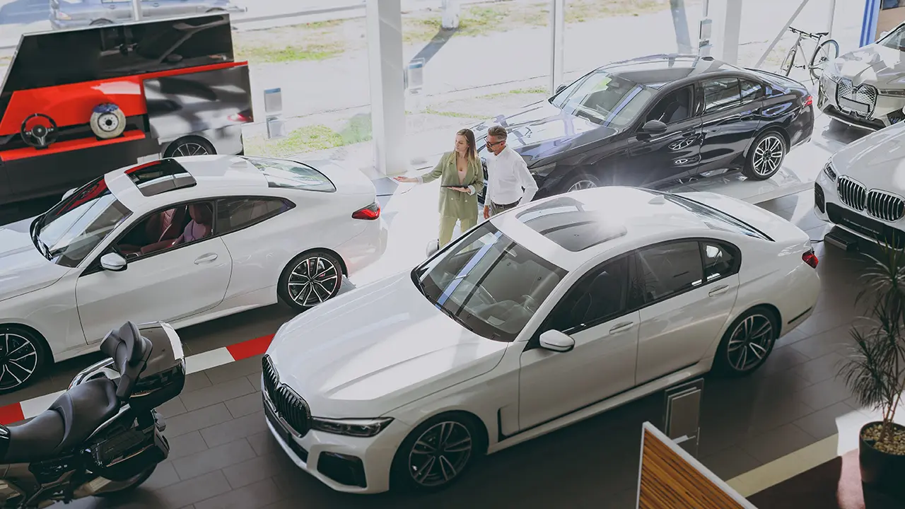 Interior of a car dealership.