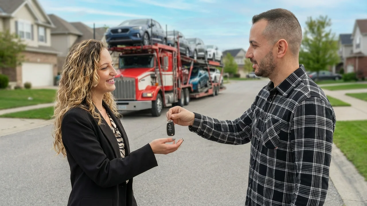 A happy customer receives her car