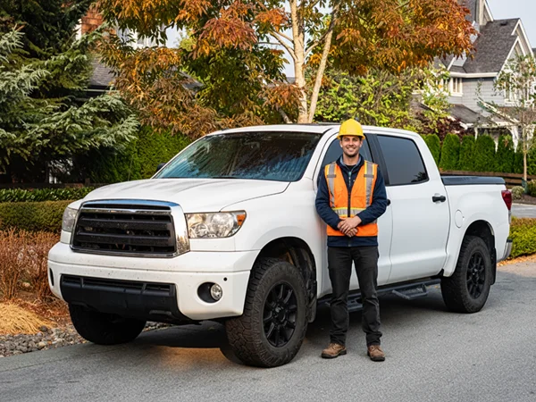 A construction worker by a white pickup truck
