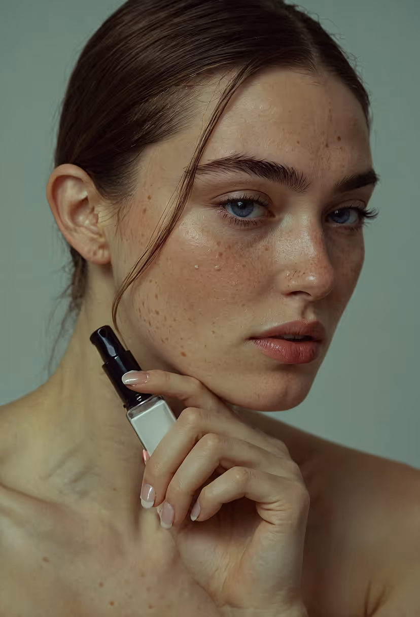 Close-up of a freckled woman with blue eyes holding a small dropper bottle near her chin.
