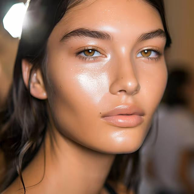 Close-up of a young woman with glowing, dewy skin and natural makeup looking slightly to the side.