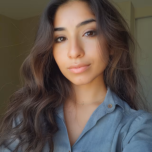 Close-up of a woman with long wavy brown hair, wearing a blue shirt and a delicate necklace, looking calmly at the camera.