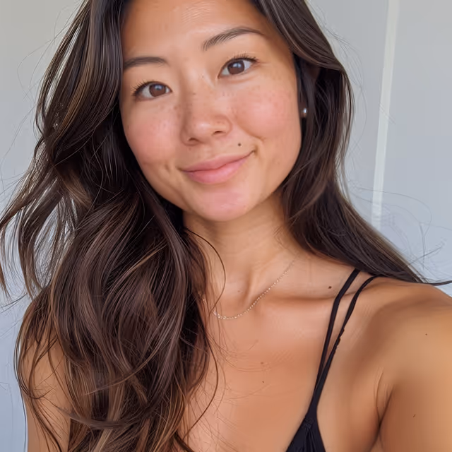 Smiling woman with long dark hair, freckles, and pearl earrings wearing a black spaghetti strap top against a light background.