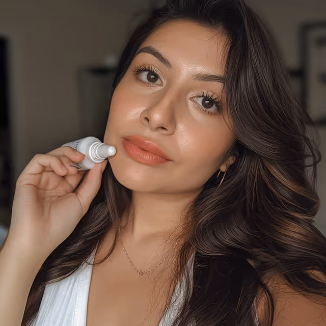 Close-up of a woman with long brown hair applying skincare serum on her face indoors.