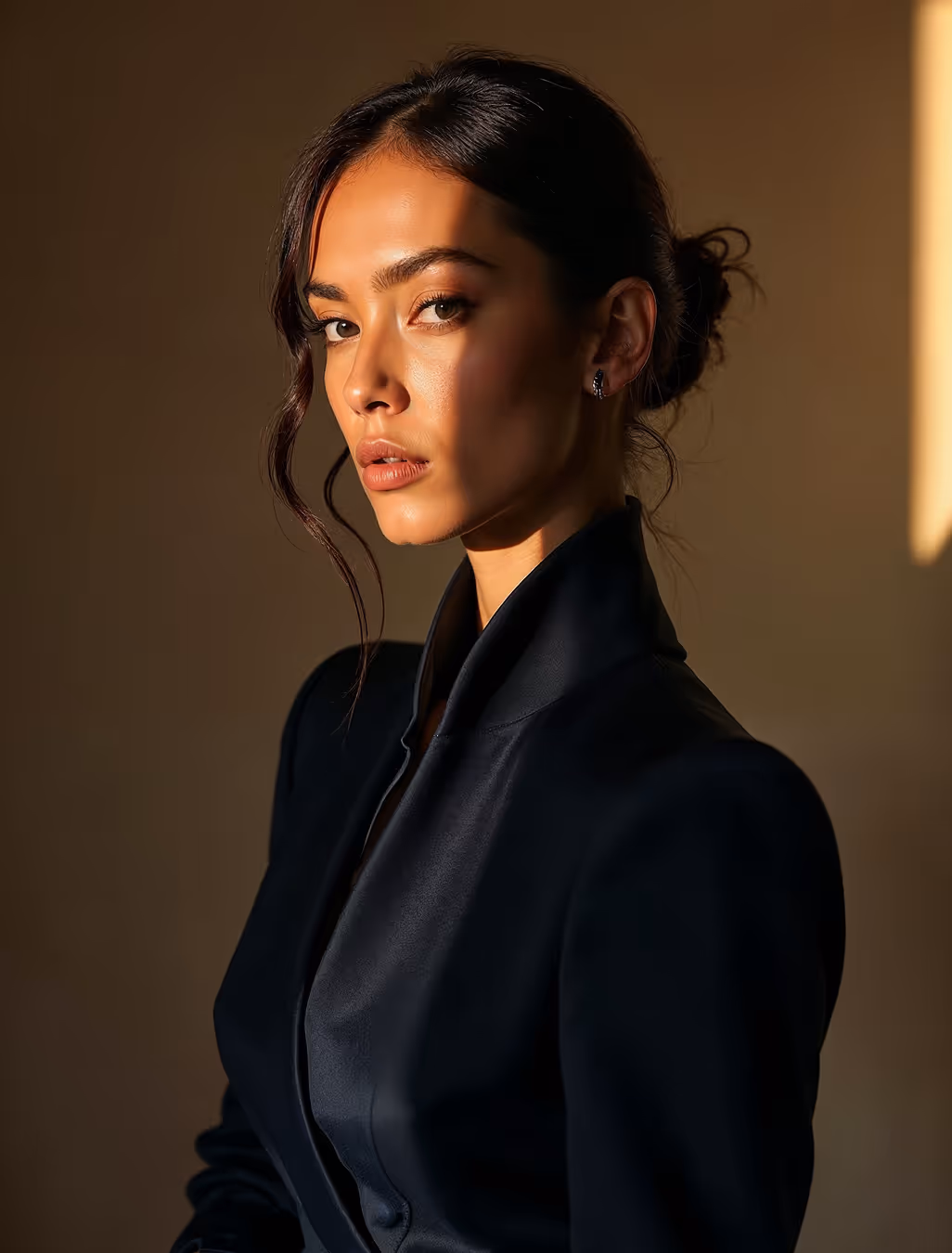 Woman with dark hair styled in a low bun wearing a black blazer, lit by warm side lighting against a brown background.