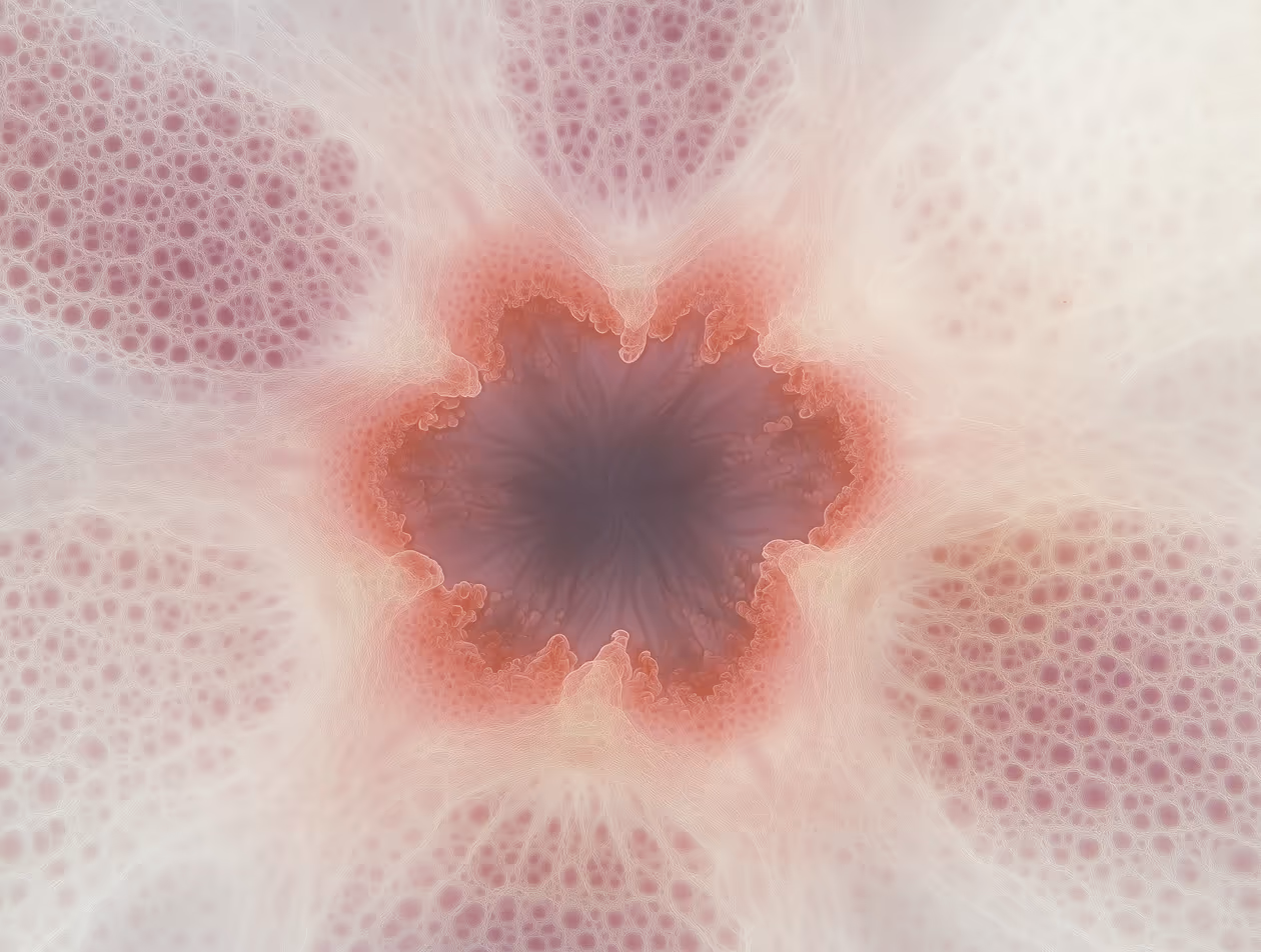 Microscopic close-up of porous, cellular tissue with a dark central core surrounded by lighter fibrous and bubbly textures in pink and purple hues.