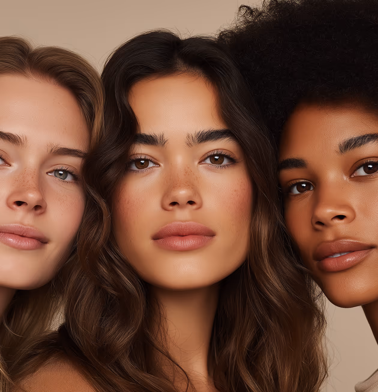 Close-up of three diverse women with natural makeup and different skin tones and hair textures posing against a beige background.
