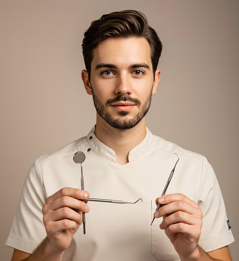 Young male dentist wearing beige uniform holding dental mirror and probe tools.