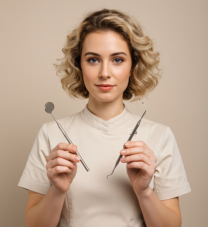Smiling female dentist holding a dental mirror and a dental scaler against a beige background.