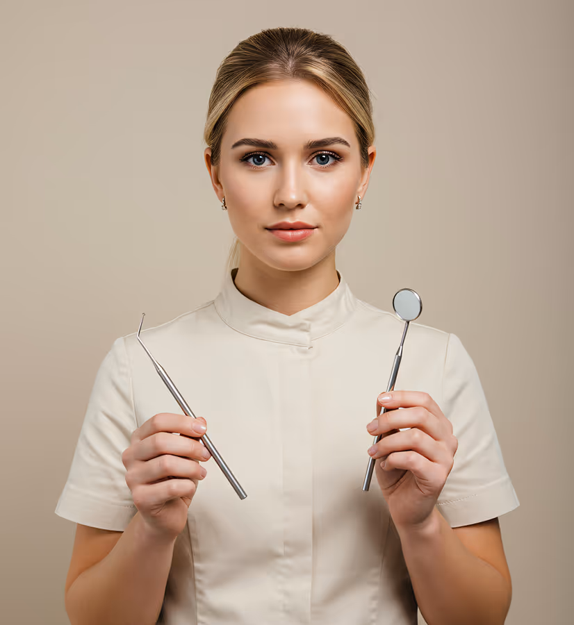 Young female dentist in beige uniform holding a dental probe and mirror against a neutral background.