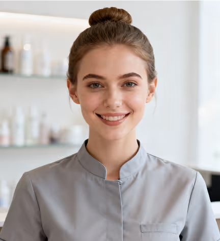 Smiling woman with hair in a bun wearing a gray uniform in a bright room with shelves of bottles in the background.